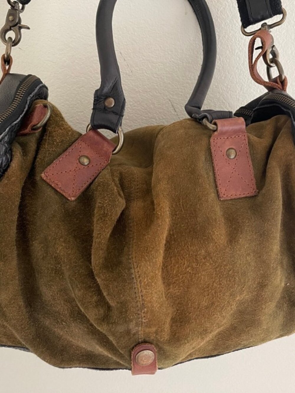 FREE PEOPLE Olive Green Suede with Brown & Black Leather Tote/Travel Bag - Picture 2 of 11
